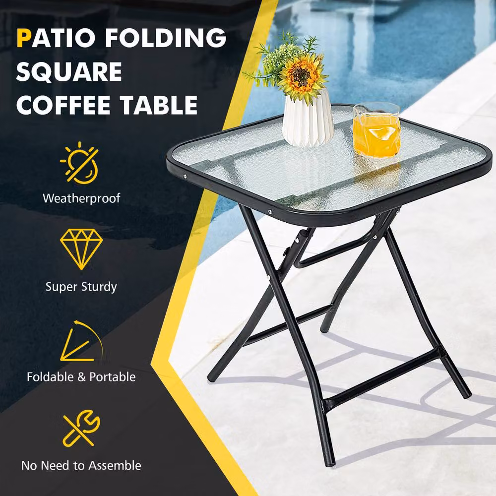 Costway Folding Square Patio Bistro Table with Black Tempered Glass Tabletop – 3
