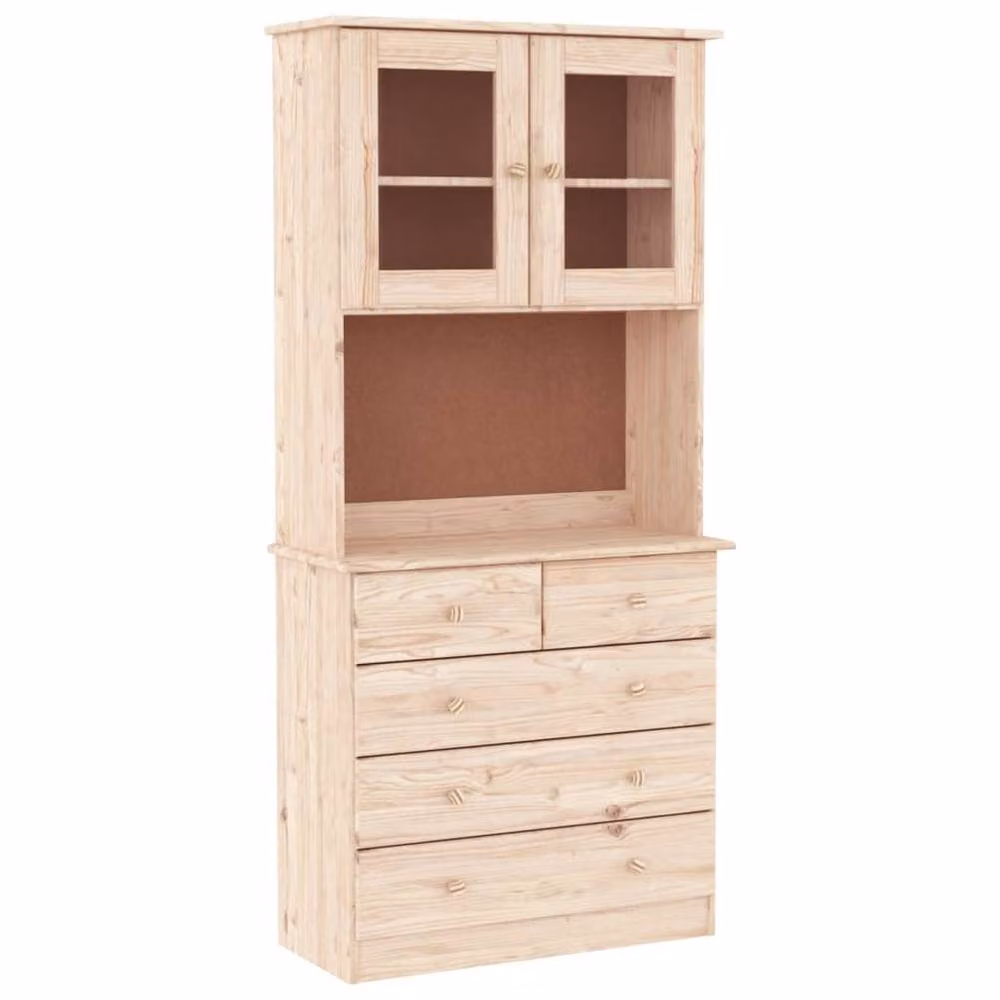 Berkfield Home ALTA Highboard in Light Tan Solid Pine with Glass Doors, W/D/H: 77 x 35 x 165 cm – 3
