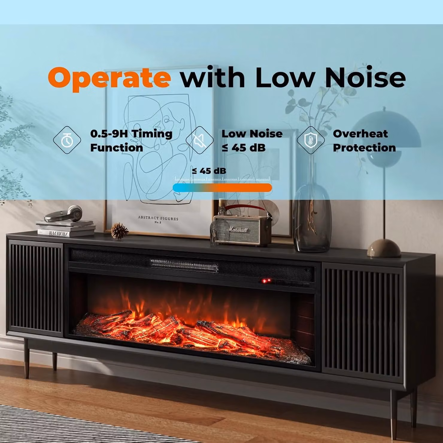 Gymax Black Recessed Electric Fireplace with 1800W Heating and 9-Level Flame Control, Width: 86 cm – 4