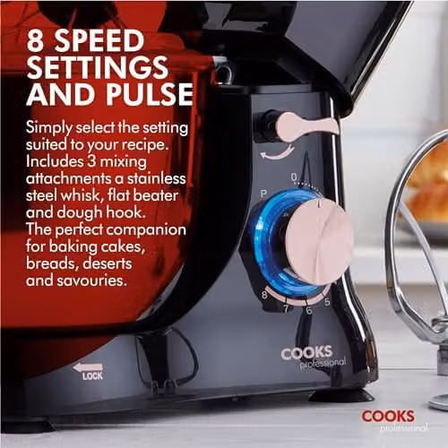 Cooks Professional Stand Mixer 1000W with 8 Speeds, Pulse Function and 4.5L Stainless Steel Mixing Bowl in Black and Gold – 7