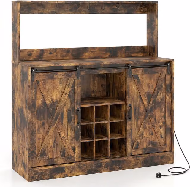 COSTWAY Brown Rustic Farmhouse Coffee Bar Cabinet with Sliding Doors and Internal Shelves, Width: 120 cm
