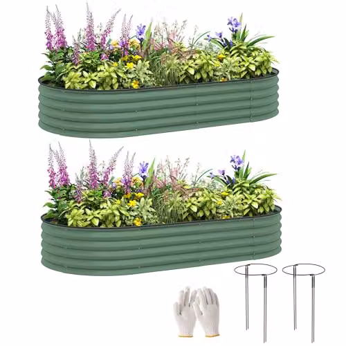 Outsunny Set of 2 Green Metal Raised Beds for Garden, W/D/H: 181 x 93 x 30 cm