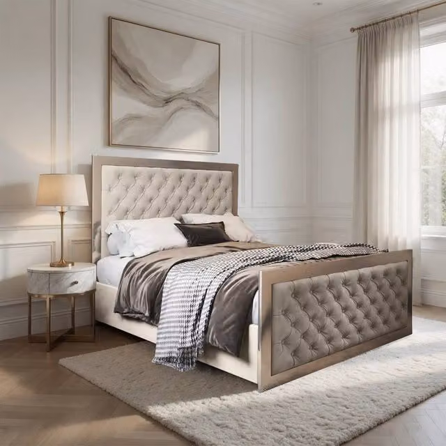 Casani Lapworth King Size Upholstered Velvet Bed Frame in Cream with Metal Details, 180 x 200 cm – 1