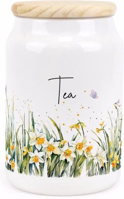 Purely Home Spring Daffodils Floral Ceramic Tea Storage Canister in Green and White