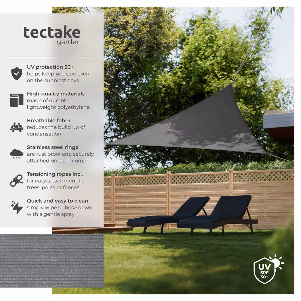 tectake Triangular Sun Shade Sail with UPF 50+ UV Protection, Grey HDPE Fabric – 2