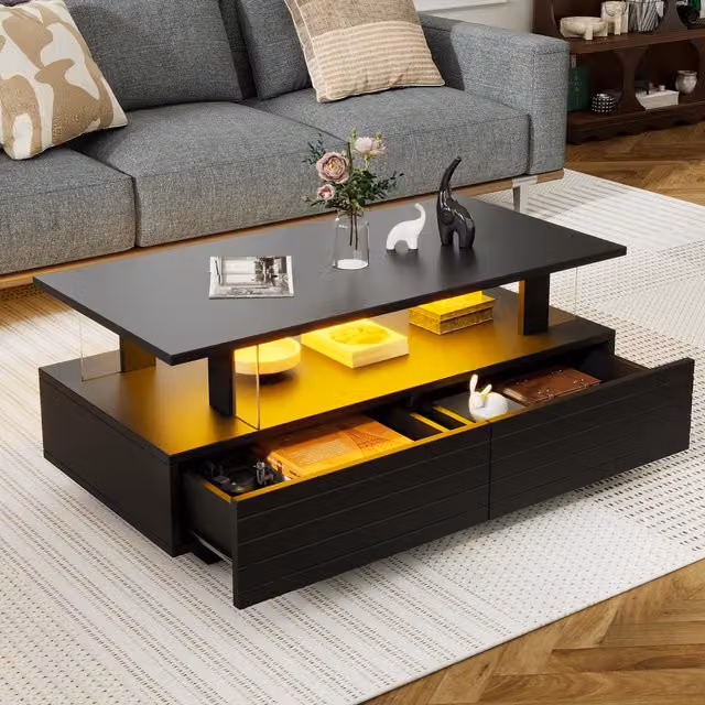 Aosom UK Modern Black Coffee Table with App-Controlled LED, 2 Drawers and Open Storage, W: 100 cm, D: 50 cm, H: 42.5 cm