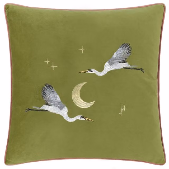 Make It A Home Moonlit Flight Embroidered Velvet Cushion Cover, Green