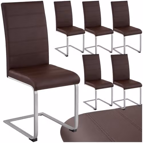 tectake Set of 6 Bettina Dining Chairs in Brown with Synthetic Leather and Metal Cantilever Base