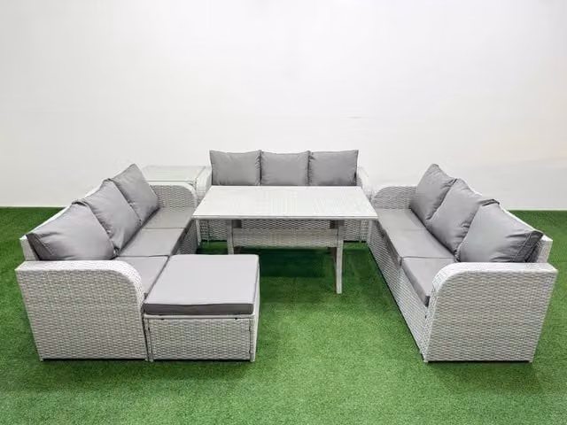 Fimous 10 Seater PE Rattan Outdoor Garden Furniture Set in Light Grey with Rectangular Dining Table, 3 Seater Sofa, Big Footstool and Side Table