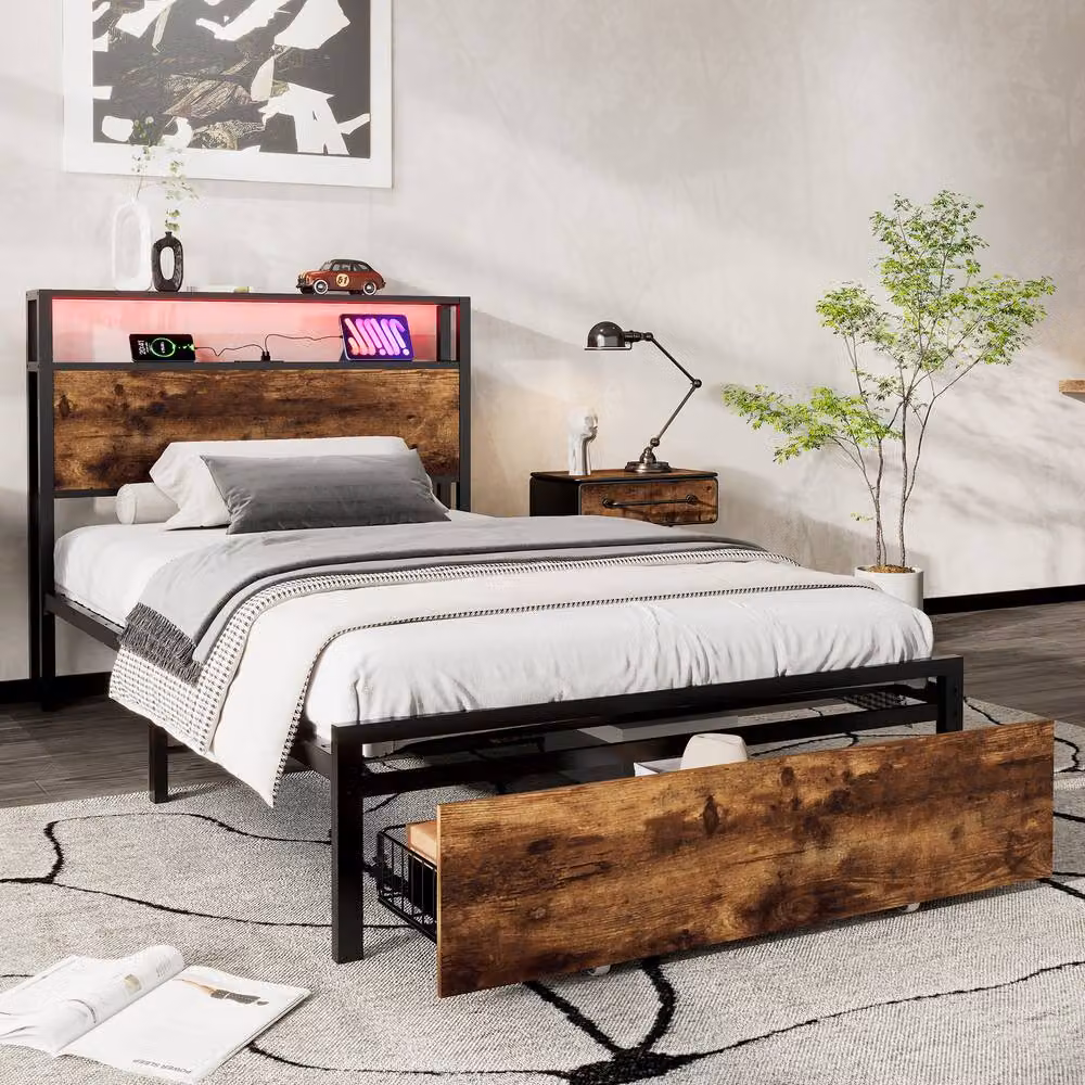 BTM Metal Bed with LED Under-Bed Lighting, USB Charging Ports and Storage Drawers in Walnut and Black, W/D/H: 140 x 200 cm – 2
