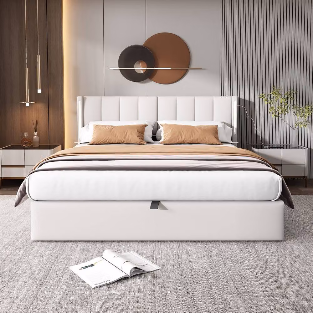Merax Super King Upholstered Ottoman Bed Frame in White with LED and USB Port – 2