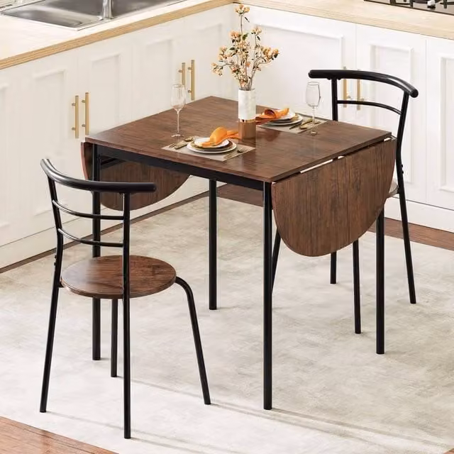 KORVIXA 3 Piece Industrial Drop Leaf Dining Set in Brown and Black, W: 100 cm, H: 77 cm – 1