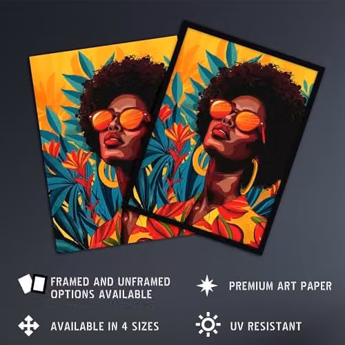 Artery8 Caribbean Woman Shades Pop Art Sunny Day Framed Wall Art Print, Multicolour, W: 23.4 cm, H: 32.3 cm – 2