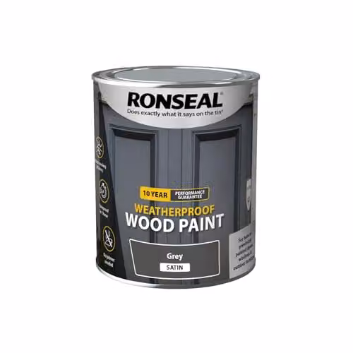 Ronseal 10 Year Weatherproof 2-in-1 Opaque Wood Paint, Grey Satin, 750ml – 3
