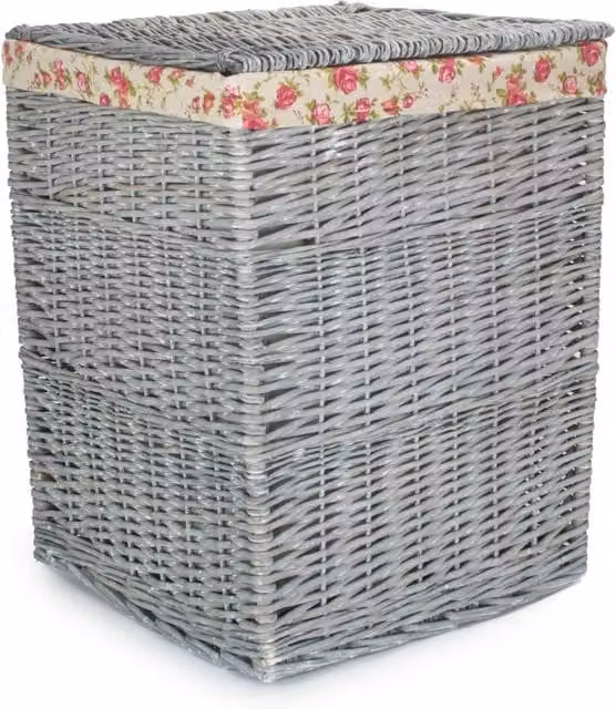Red Hamper Grey Wash Square Wicker Laundry Basket with Garden Rose Cotton Lining, Small, W/D/H: 33.0 x 50.0 x 33.0 cm – 1