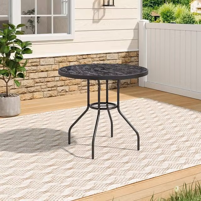 Livingandhome Round Tempered Glass and Metal Garden Table in Black with Abstract Minimalist Design