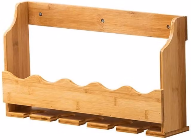 VOGREX Wall Mounted Bamboo Wine Rack and Glass Holder Display Shelf in Beige