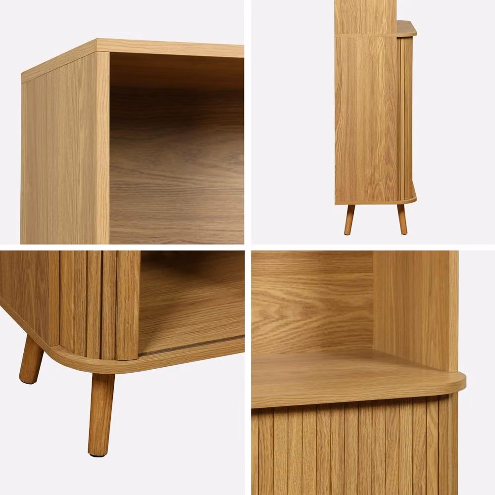 sweeek Mid-Century Wall Mounted Grooved Wood Library Shelf with 2 Sliding Doors and 4 Levels in Brown – 3