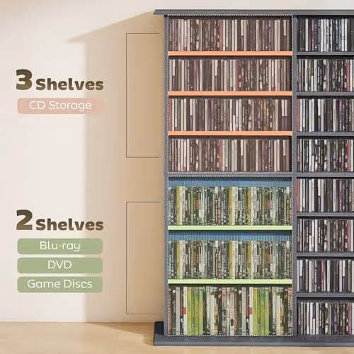 HOMCOM Grey Media Storage Unit with Adjustable Shelves for CDs and DVDs – 7