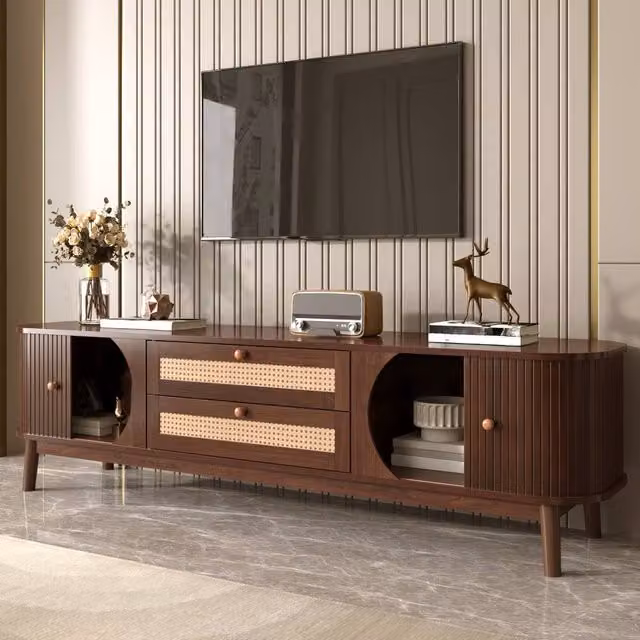 BTM Rattan TV Cabinet in Walnut, Country Style, Brown, W/D/H: 120 x 39.5 x 46 cm