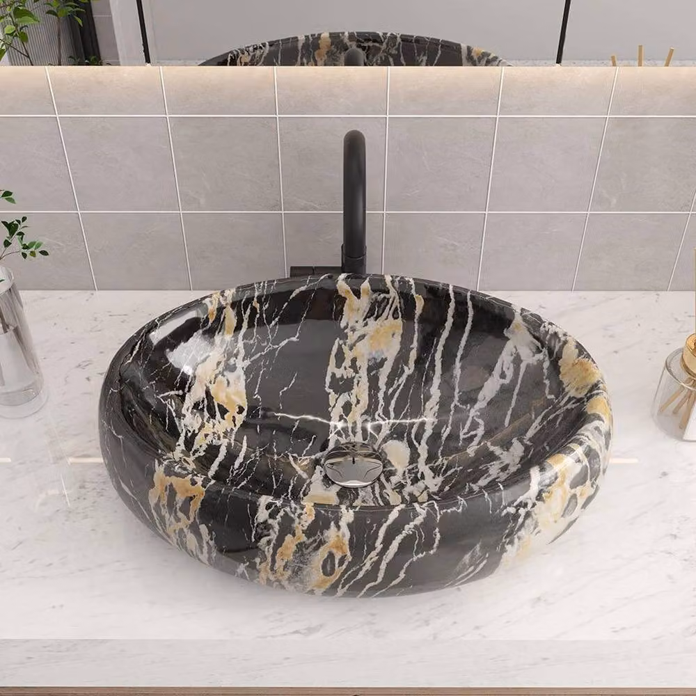PAWNORA Black Marble Effect Ceramic Wash Basin W: 48.0 cm, D: 34.0 cm, H: 14.0 cm – 3