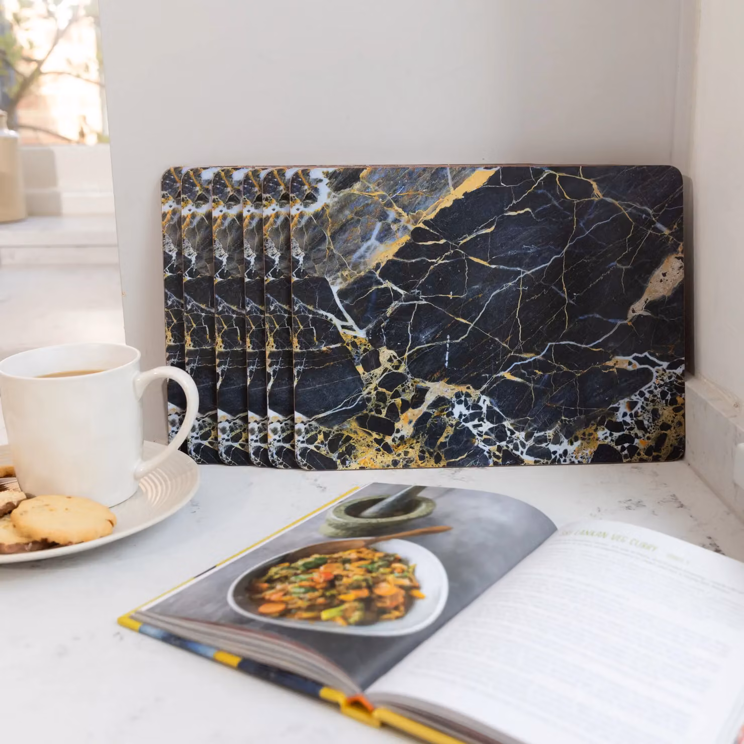 Creative Tops Set of 6 Navy Marble Cork Placemats, Rectangular, Blue, Grey and Gold – 6