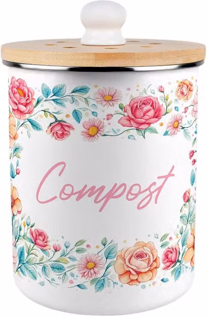 Purely Home Pink and White Floral Metal and Ceramic Compost Caddy with Flip Lid, 2L