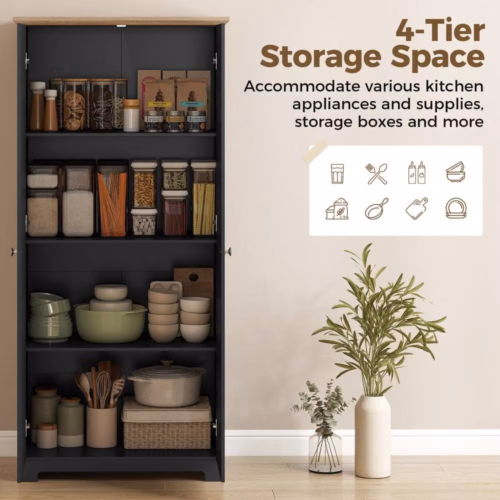 HOMCOM Black Modern Tall Freestanding Kitchen Cupboard and Pantry with 2 Hinged Doors and Internal Shelves, H 172 x W 80 x D 48 cm – 4