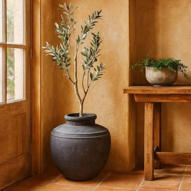 Wyld Haus Large Dark Grey Ceramic Etched Top Garden Planter Tub W: 37 cm, D: 39 cm, H: 37 cm