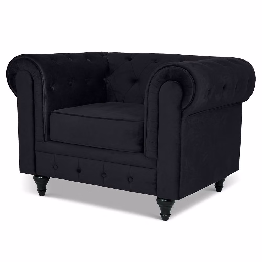 Bravich LTD Chesterfield Scroll Arm Velvet Sofa with Buttoned Back in Black, 2 Pack – 5