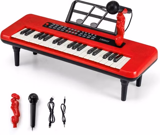 Costway Compact 37 Key Kids Piano Toy Keyboard with Microphone in Red