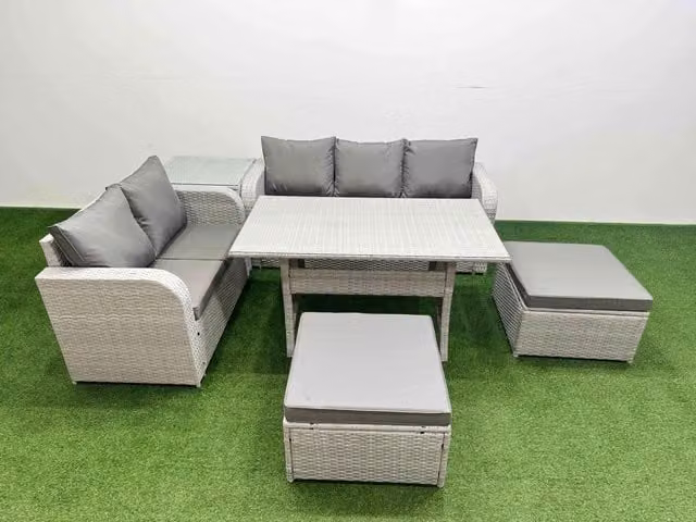 Fimous 7 Seater Grey PE Rattan Wicker Garden Furniture Set with Rectangular Dining Table, 3 Seater Sofa, Love Seat and 2 Footstools