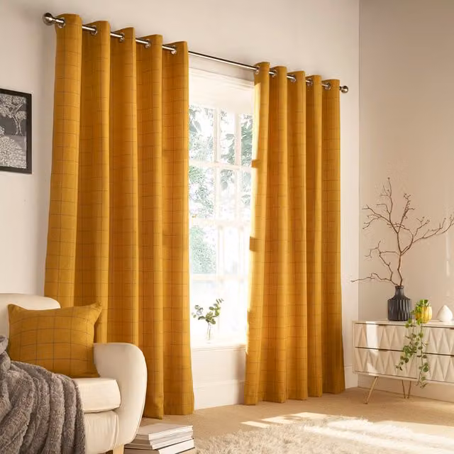 Make It A Home Ellis Check Room Darkening Eyelet Curtain Pair - Yellow - W/H: 229 x 168 cm