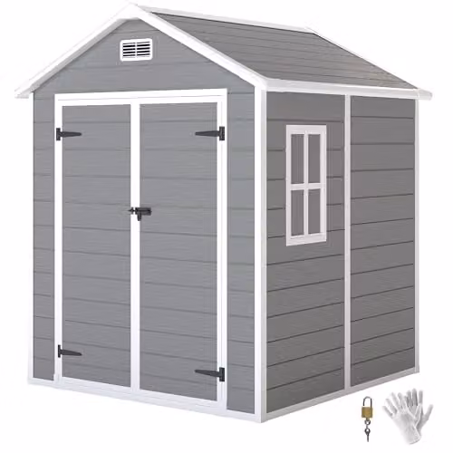 Outsunny Grey Resin Garden Shed with Double Doors, Window and Floor, W/D/H: 182 x 151 x 219 cm – 1