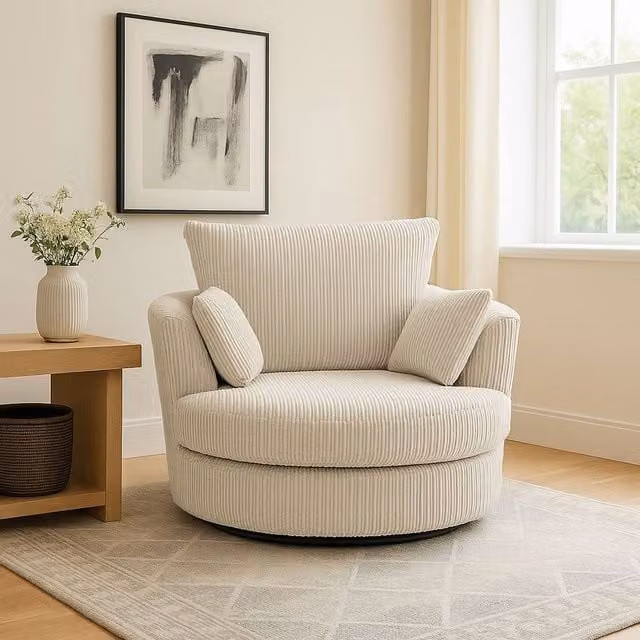 LUXURY LIFE Amalfi Dylan Swivel Chair in Cream Jumbo Cord Fabric with Armrests W/D/H: 100 x 75 x 105 cm – 1