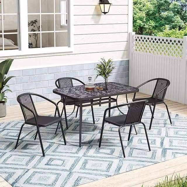 Lifeideas Black Marble Effect Garden Table and 4 Chairs Set with Glass and Metal Construction