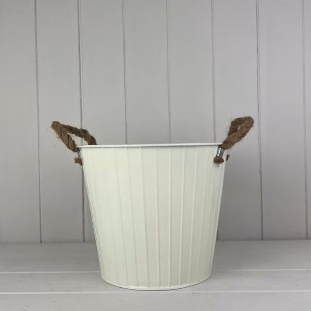 KDMD Rustic Cream Round Tapered Zinc Planter with Rope Ears and Drainage Hole