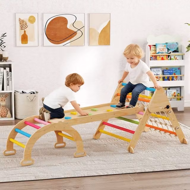 AIYAPLAY 8-in-1 Foldable Climbing Frame with Play Triangle Slide, Multicolour