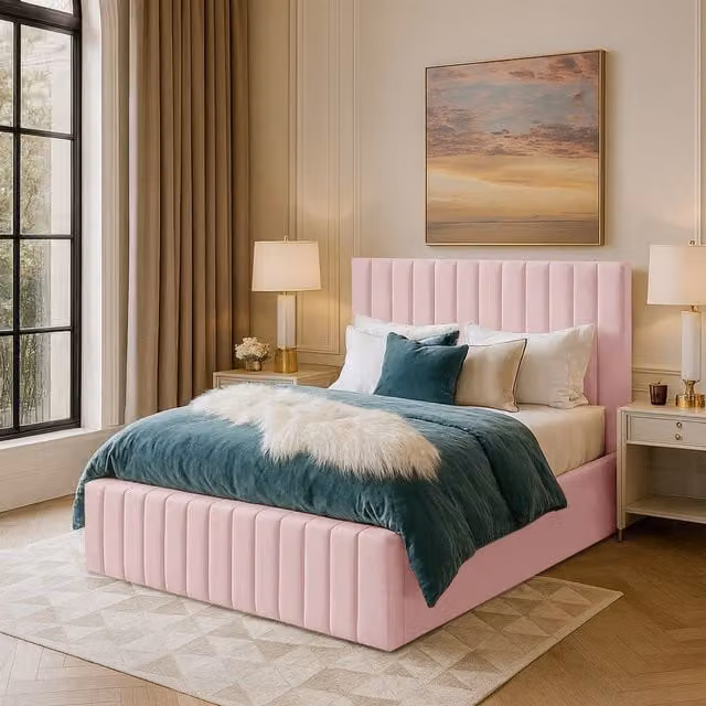 Desire Deco Emiliya Upholstered Velvet Bed Frame, Pink, W/D/H: 90 x 190 cm