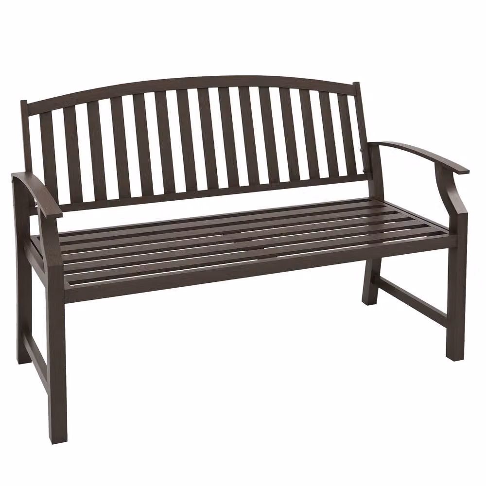 OUTSUNNY Brown Garden Bench with Slatted Seat, Backrest and Curved Armrests – 2