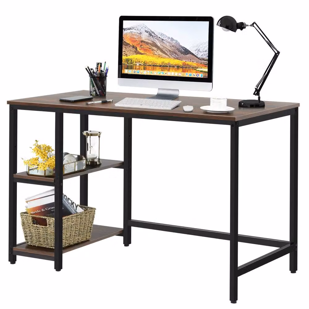 Costway Industrial Computer Desk with Storage Shelves in Brown, W: 120 cm, D: 60 cm – 3