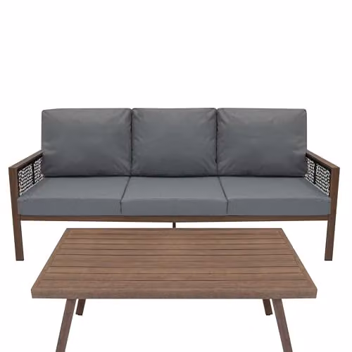 Monstershop 4 Piece Garden Furniture Set with Wood Effect Aluminium Frame, Black Rattan Storage Box and Grey Upholstered Cushions – 5