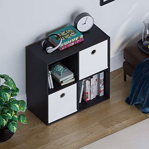 Vida Designs Durham 4 Cube Bookcase Storage Organiser with 2 White Baskets, Black – 4