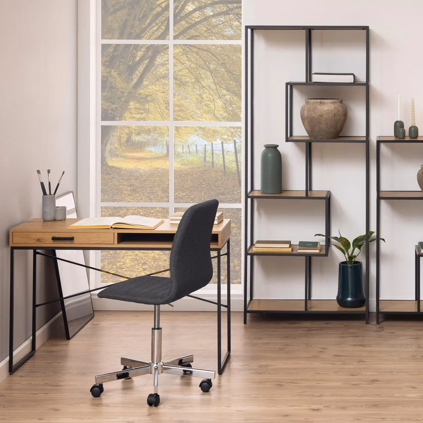 Furniture To Go Seaford Modern Writing Desk in Wild Oak with Single Pedestal and Grommet – 3