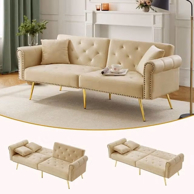 ModernLuxe 2 Seater Velvet Sofa Bed in Beige with Adjustable Headrest