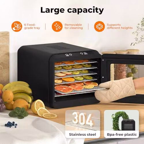 Spector 450W Electric Food Dehydrator with 6 Stainless Steel Trays, Digital Touch Control and Timer in Black and Silver – 6