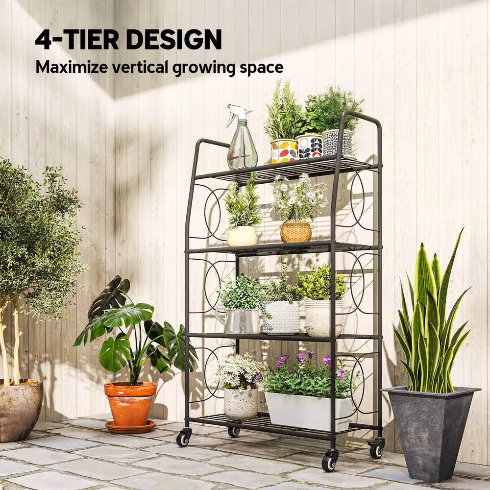 OUTSUNNY 4-Tier Metal Plant Stand with Lockable Wheels, Black, H 114.0 x W 63.5 x D 29.0 cm – 3
