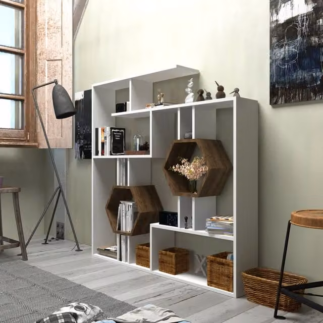 Decorotika Tamara Modern Geometric Bookshelf in White and Walnut