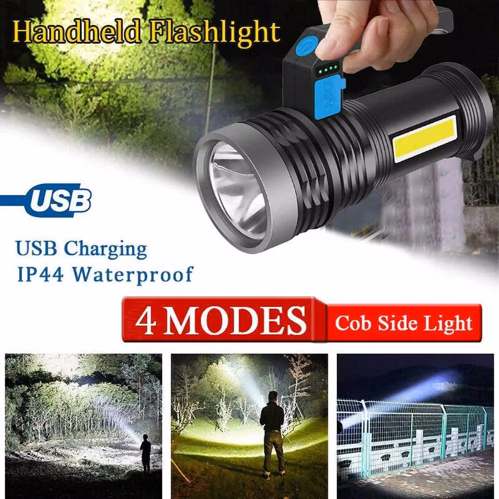 FLAVORA Super Bright Tactical LED Torch, USB Rechargeable Aluminium Flashlight in Black – 5