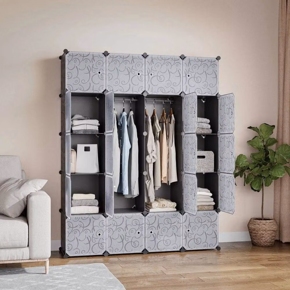 FLAVORA Grey Plastic and Metal Freestanding Wardrobe with Hinged Doors, H 180 cm x W 145 cm x D 60 cm – 3